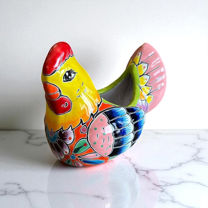 Small Hand Painted Mexican Talavera Yellow & Pink Tail Chicken Rooster Planter Pot