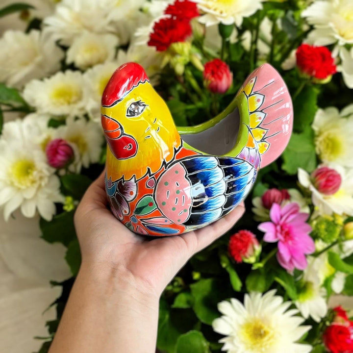 Small Hand Painted Mexican Talavera Yellow & Pink Tail Chicken Rooster Planter Pot