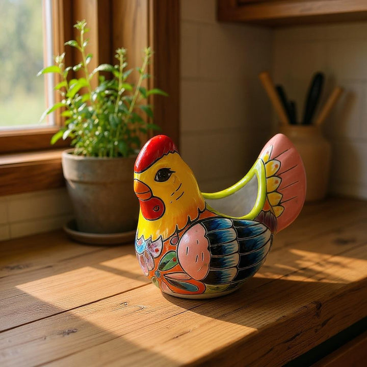 Small Hand Painted Mexican Talavera Yellow & Pink Tail Chicken Rooster Planter Pot