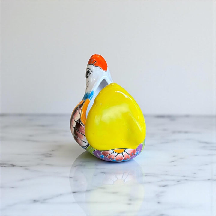 Small Hand Painted Mexican Talavera Yellow & Blue Tail Chicken Rooster Planter Pot