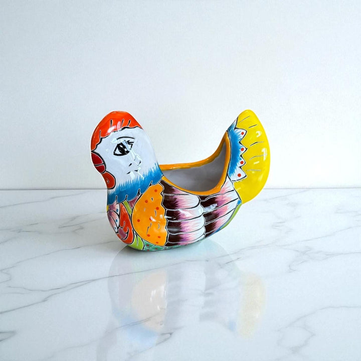 Small Hand Painted Mexican Talavera Yellow & Blue Tail Chicken Rooster Planter Pot