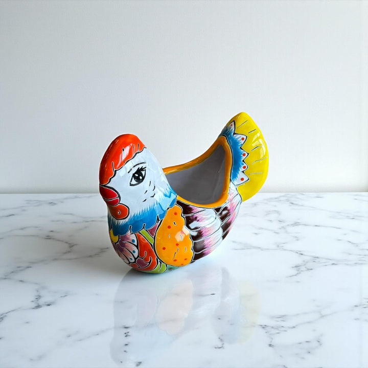 Small Hand Painted Mexican Talavera Yellow & Blue Tail Chicken Rooster Planter Pot