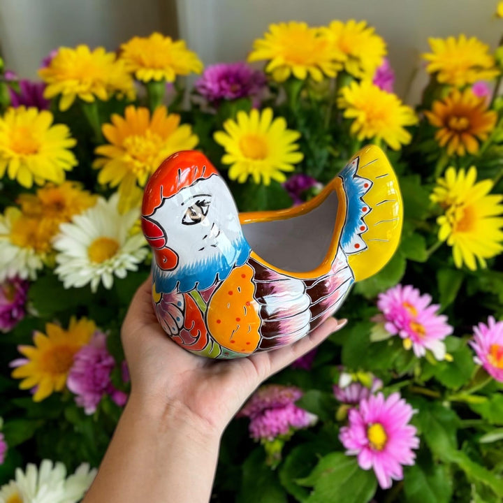 Small Hand Painted Mexican Talavera Yellow & Blue Tail Chicken Rooster Planter Pot