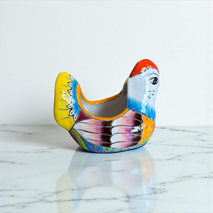 Small Hand Painted Mexican Talavera Yellow & Blue Tail Chicken Rooster Planter Pot