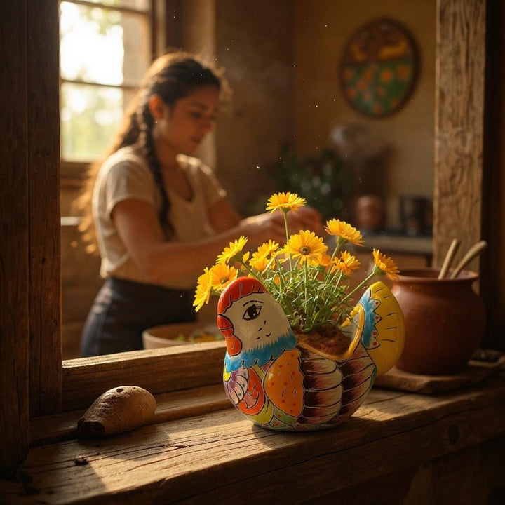 Small Hand Painted Mexican Talavera Yellow & Blue Tail Chicken Rooster Planter Pot