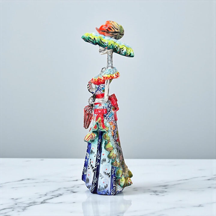 Beautiful Large Handcrafted & Handpainted Mexican Talavera Elegant Catrina Skeleton Sculpture