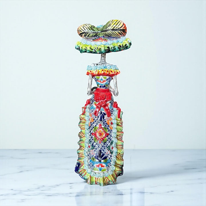 Beautiful Large Handcrafted & Handpainted Mexican Talavera Elegant Catrina Skeleton Sculpture