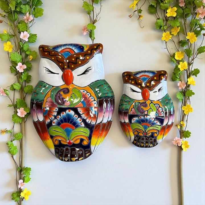 Hand Painted Talavera Mom and Baby Owls Garden Wall Decor – Set of 2