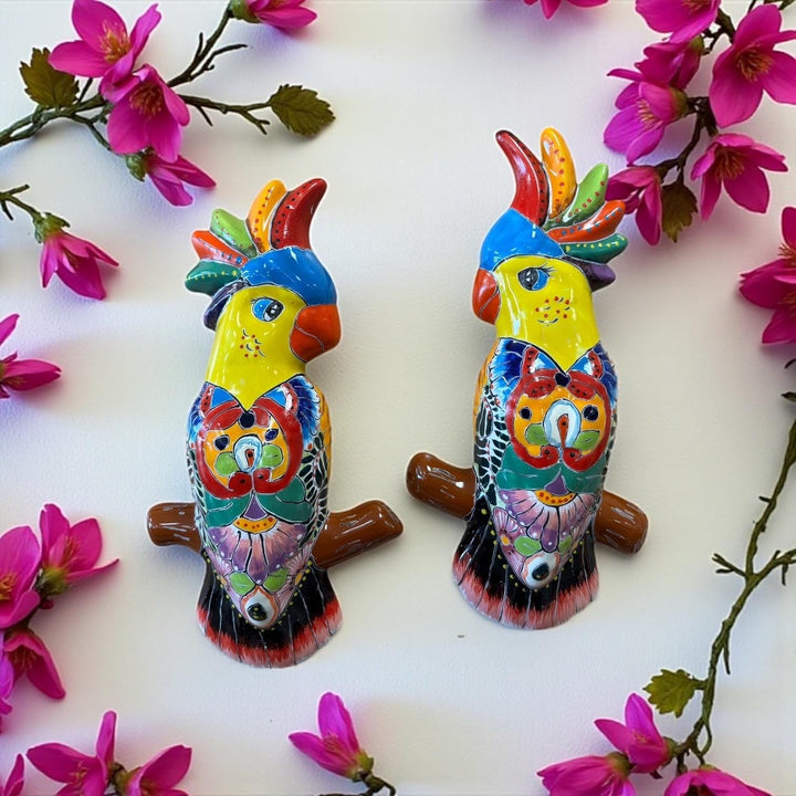 Hand Painted Talavera Love Birds Cockatoo Garden Wall Decor – Set of 2