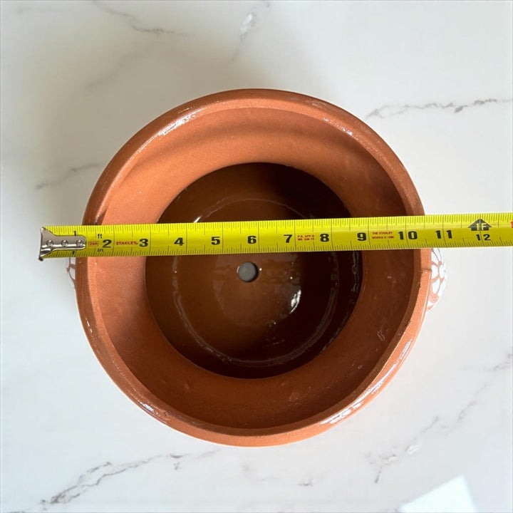 Handpainted Mexican Talavera Planter Pot with Handles, Rustic Brown White Floral Vines – Free Shipping (Contiguous U.S. Only)