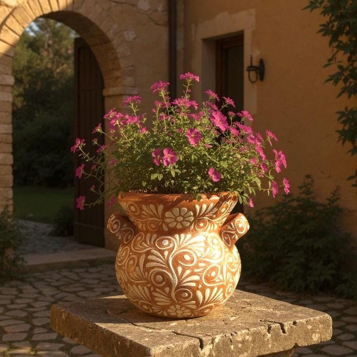 Handpainted Mexican Talavera Planter Pot with Handles, Rustic Brown White Floral Vines – Free Shipping (Contiguous U.S. Only)
