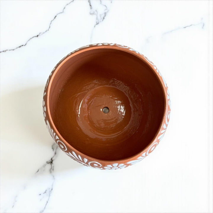 Handpainted Mexican Talavera Round Planter Pot, Rustic Brown White Floral Vines – Free Shipping (Contiguous U.S. Only)
