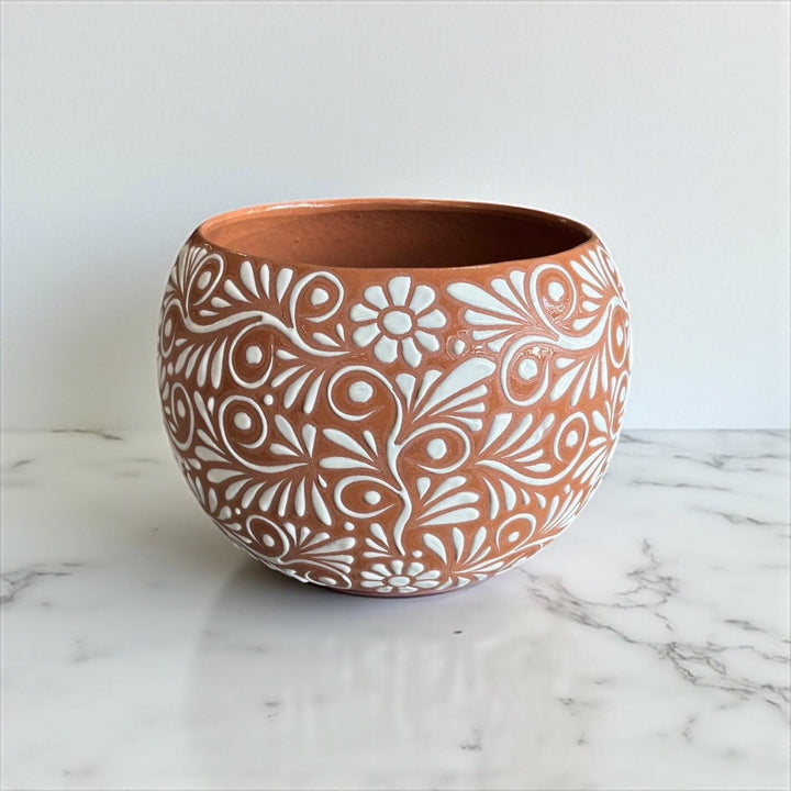 Handpainted Mexican Talavera Round Planter Pot, Rustic Brown White Floral Vines – Free Shipping (Contiguous U.S. Only)