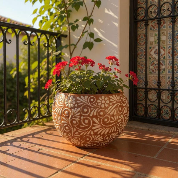 Handpainted Mexican Talavera Round Planter Pot, Rustic Brown White Floral Vines – Free Shipping (Contiguous U.S. Only)