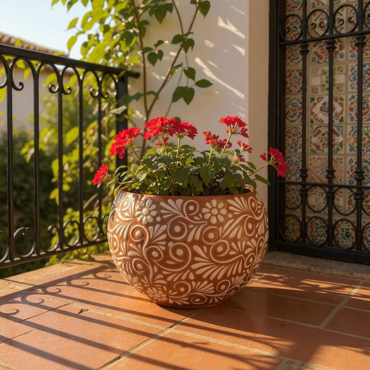 Handpainted Mexican Talavera Round Planter Pot, Rustic Brown White Floral Vines – Free Shipping (Contiguous U.S. Only)