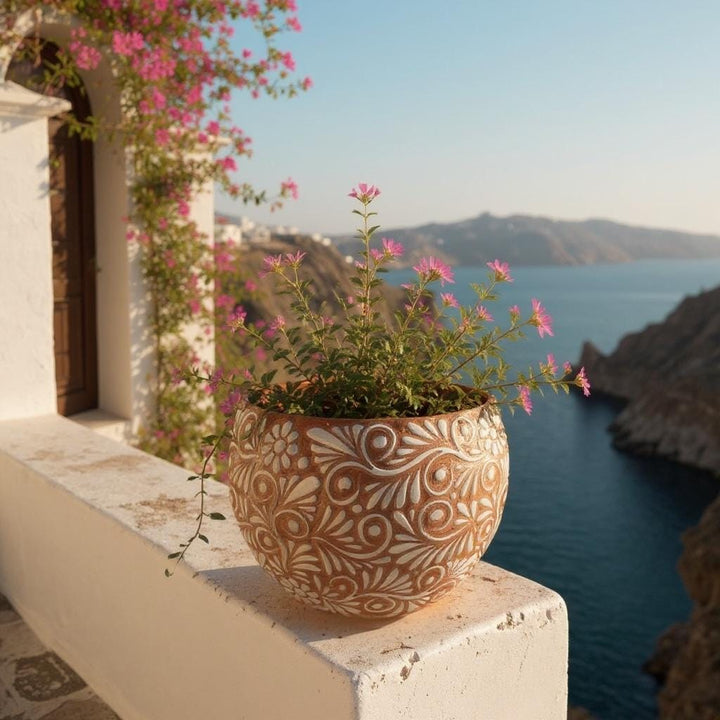 Handpainted Mexican Talavera Round Planter Pot, Rustic Brown White Floral Vines – Free Shipping (Contiguous U.S. Only)