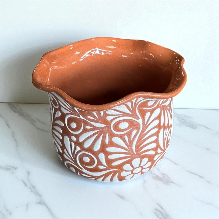 Handpainted Mexican Talavera Scalloped Rim Planter Pot, Rustic Brown White Floral Vines, Tabletop Medium