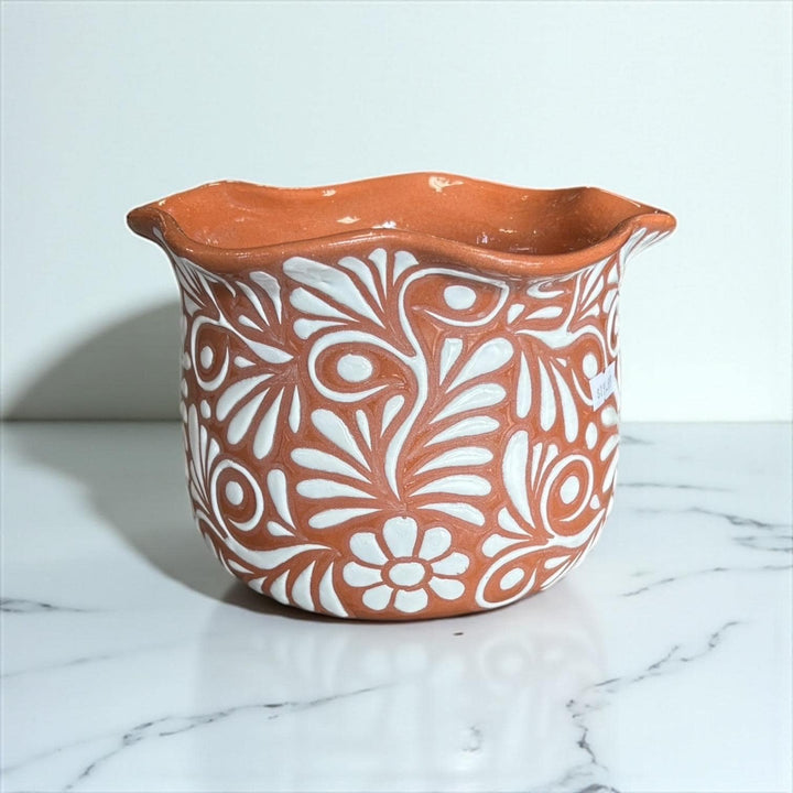 Handpainted Mexican Talavera Scalloped Rim Planter Pot, Rustic Brown White Floral Vines, Tabletop Medium