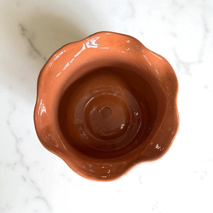 Handpainted Mexican Talavera Scalloped Rim Planter Pot, Rustic Brown White Floral Vines, Tabletop Medium