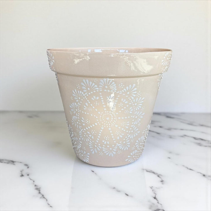 Hand Painted Mexican Talavera Planter Pot, Ivory White Mandela Design (Cielito Lindo Inspired) – Free Shipping (Contiguous U.S. Only)