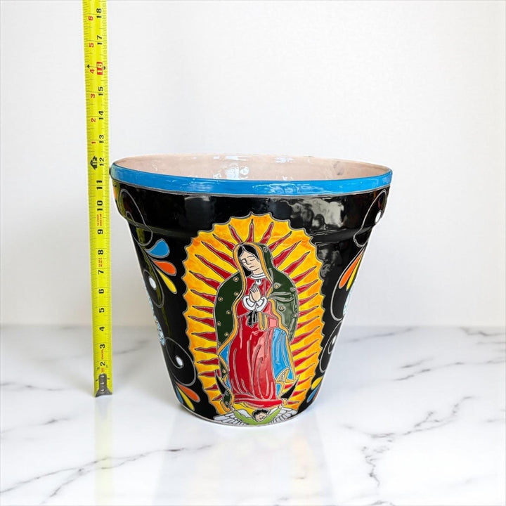 Hand Painted Mexican Talavera Planter Pot, Black Floral Virgin de Guadalupe – Free Shipping (Contiguous U.S. Only)
