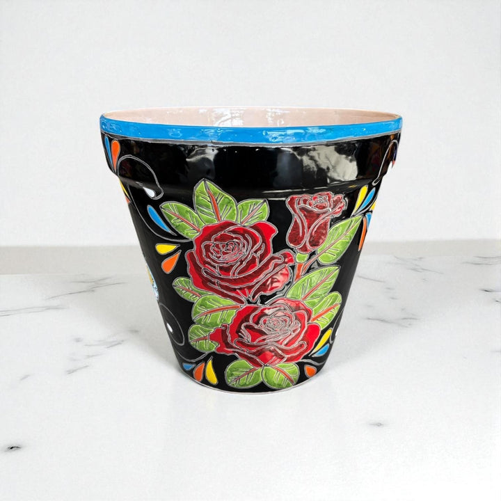 Hand Painted Mexican Talavera Planter Pot, Black Floral Virgin de Guadalupe – Free Shipping (Contiguous U.S. Only)