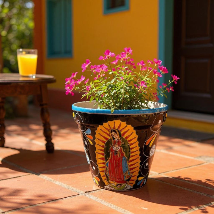 Hand Painted Mexican Talavera Planter Pot, Black Floral Virgin de Guadalupe – Free Shipping (Contiguous U.S. Only)