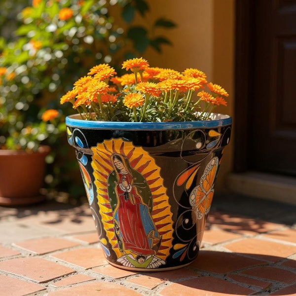 Hand Painted Mexican Talavera Planter Pot, Black Floral Virgin de Guadalupe – Free Shipping (Contiguous U.S. Only)