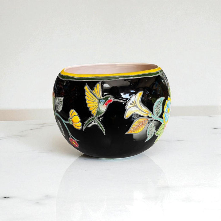 Handpainted Mexican Talavera Round Planter, Black Floral Hummingbird Design – Free Shipping (Contiguous U.S. Only)
