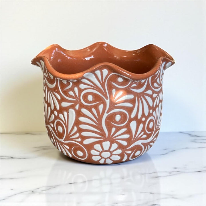 Handpainted Mexican Talavera Scalloped Rim Planter Pot, Rustic Brown White Floral Vines, Tabletop Large