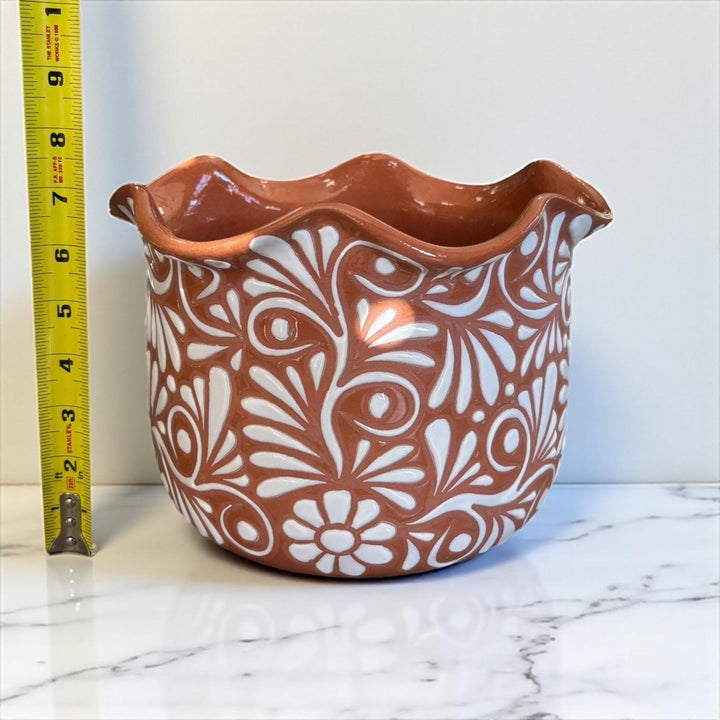 Handpainted Mexican Talavera Scalloped Rim Planter Pot, Rustic Brown White Floral Vines, Tabletop Large