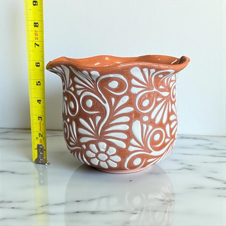 Handpainted Mexican Talavera Scalloped Rim Planter Pot, Rustic Brown White Floral Vines, Tabletop Medium