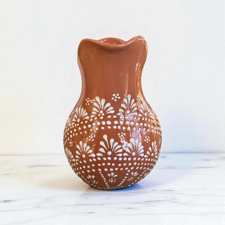 Beautiful Hand Painted Rustic Terracotta Brown & White Talavera Pitcher and 6 Cups Set