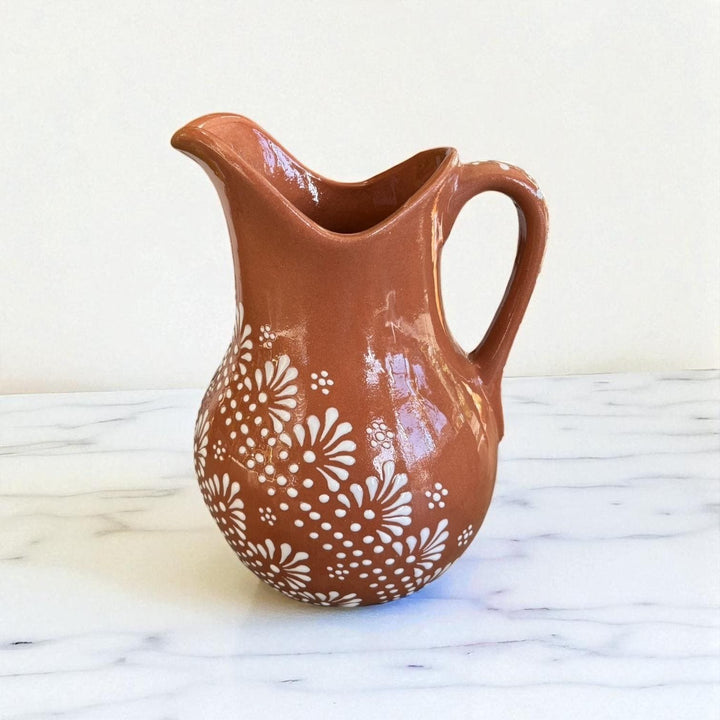Beautiful Hand Painted Rustic Terracotta Brown & White Talavera Pitcher and 6 Cups Set