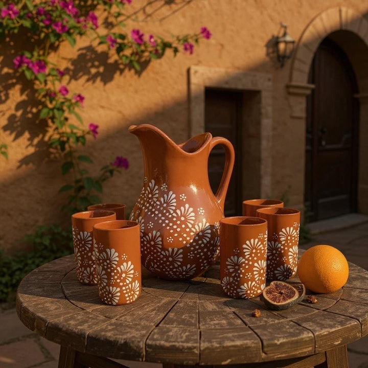Beautiful Hand Painted Rustic Terracotta Brown & White Talavera Pitcher and 6 Cups Set
