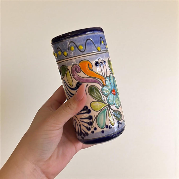 Classic Hand Painted Dark Blue Mexican Talavera Pitcher and 6 Cups Set