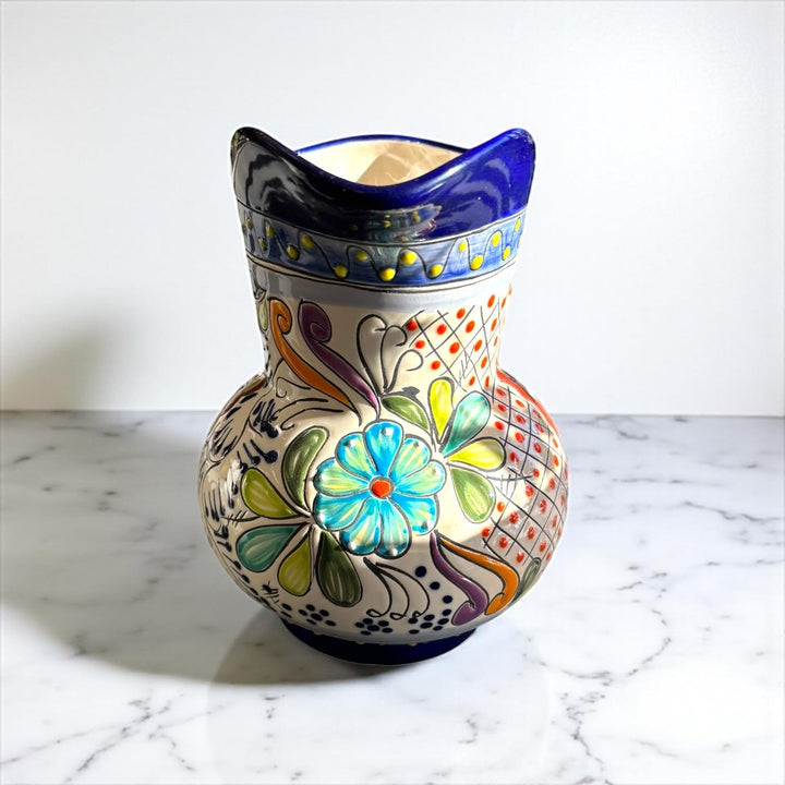 Classic Hand Painted Dark Blue Mexican Talavera Pitcher and 6 Cups Set