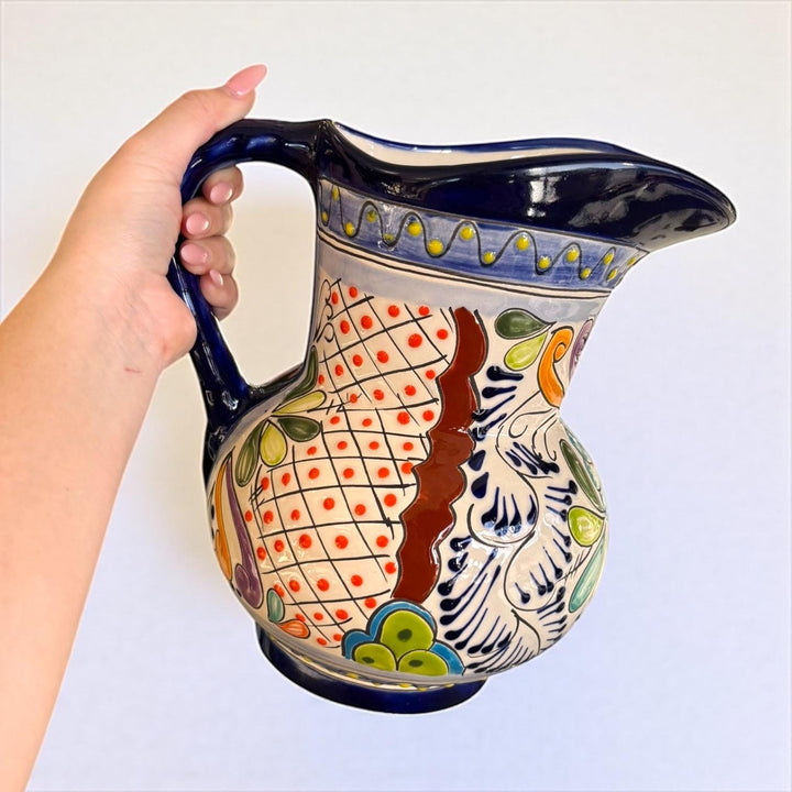 Classic Hand Painted Dark Blue Mexican Talavera Pitcher and 6 Cups Set