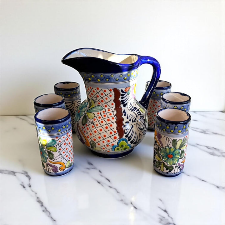 Classic Hand Painted Dark Blue Mexican Talavera Pitcher and 6 Cups Set