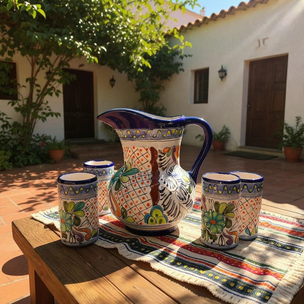 Classic Hand Painted Dark Blue Mexican Talavera Pitcher and 6 Cups Set