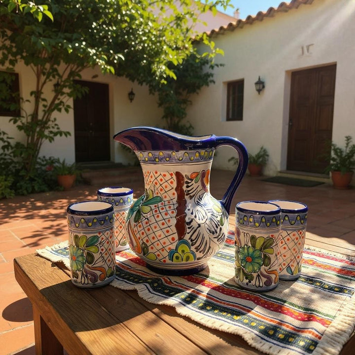 Classic Hand Painted Dark Blue Mexican Talavera Pitcher and 6 Cups Set