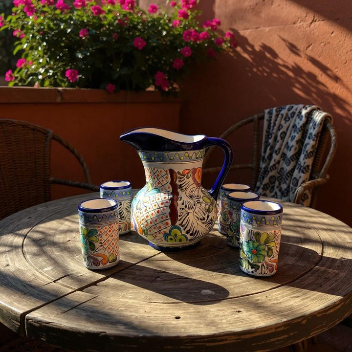 Classic Hand Painted Dark Blue Mexican Talavera Pitcher and 6 Cups Set