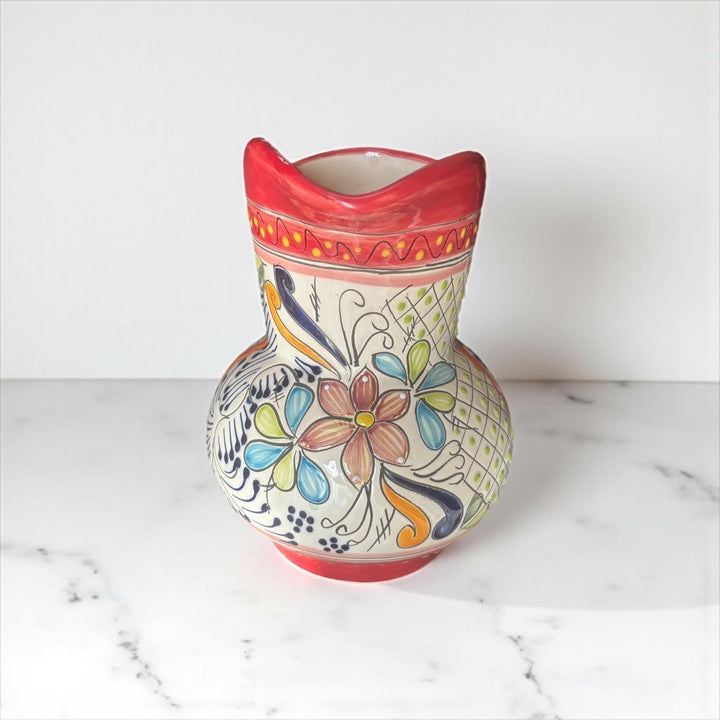 Classic Hand Painted Red Mexican Talavera Pitcher and 6 Cups Set