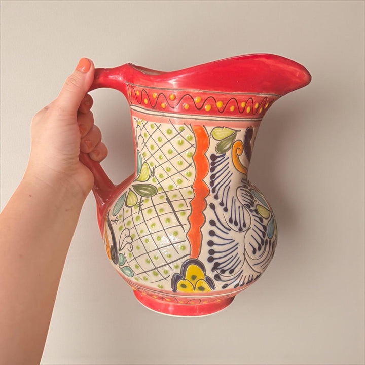 Classic Hand Painted Red Mexican Talavera Pitcher and 6 Cups Set