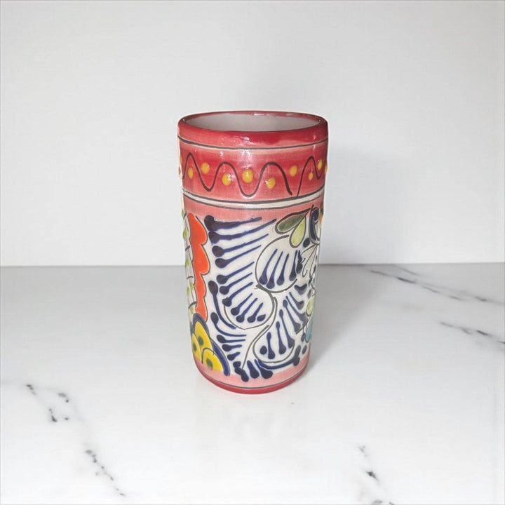 Classic Hand Painted Red Mexican Talavera Pitcher and 6 Cups Set