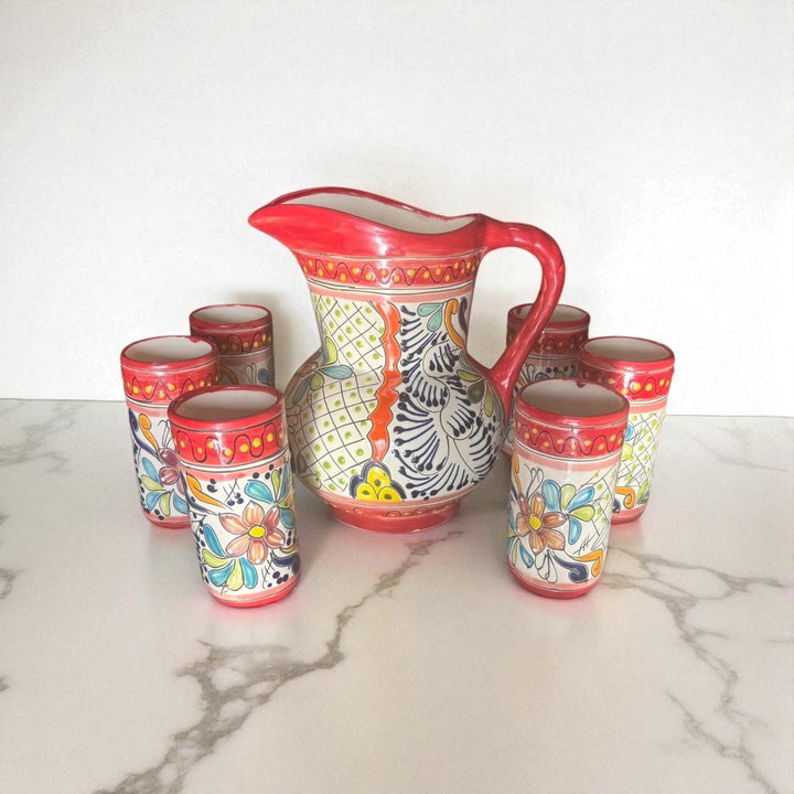 Classic Hand Painted Red Mexican Talavera Pitcher and 6 Cups Set