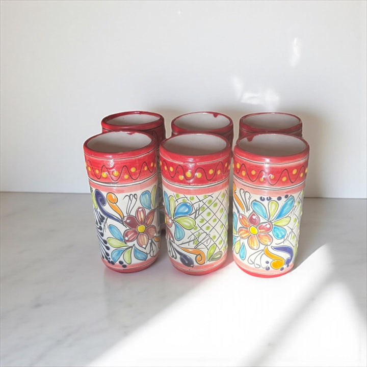 Classic Hand Painted Red Mexican Talavera Pitcher and 6 Cups Set