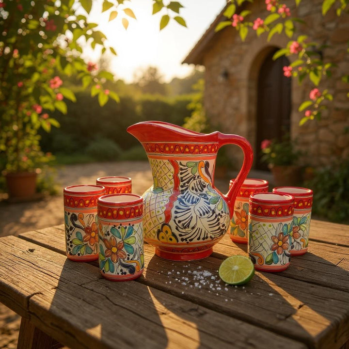 Classic Hand Painted Red Mexican Talavera Pitcher and 6 Cups Set