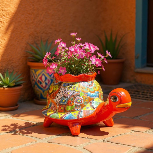 Hand Painted Mexican Talavera Orange Turtle Planter Pot – Free Shipping (Contiguous U.S. Only)
