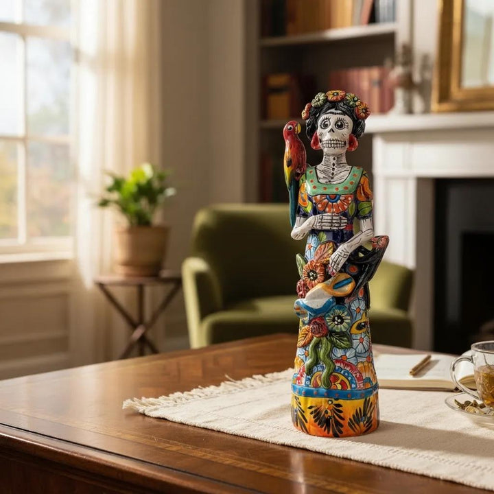 Small Handcrafted & Handpainted Mexican Talavera Frida Kahlo Inspired Catrina Skeleton Lady Figure